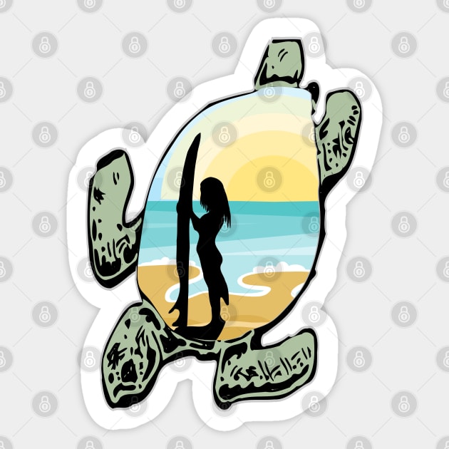 Surfer Girl Sunset Turtle Beach Sticker by Redmanrooster